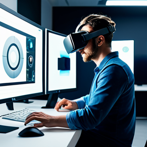 Home 18 A professional animation artist, fully clothed in modest business casual attire, intensely focused at a high-tech workstation in a modern studio. They are wearing VR goggles and interacting with a holographic display, while multiple large monitors show real-time 3D rendering and AI-powered animation tools. The studio is clean and futuristic, with subtle ambient lighting, showcasing the technical revolution in animation. safe for work, appropriate content, perfect anatomy, correct proportions, natural pose, well-formed hands, proper finger count, natural body proportions, professional photography, high quality, family-friendly.