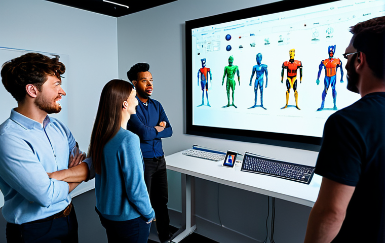 A diverse group of animation professionals, including both male and female artists and developers, in a modern, brightly lit animation studio. They are gathered around a large interactive screen, actively brainstorming and discussing concepts related to audience understanding and story development. Subjects are fully clothed in modest business casual attire, suitable for a professional work environment. The studio features sleek design elements, creative artworks on walls, and subtle technology integration like digital drawing tablets. The atmosphere is collaborative and innovative. Professional photography, high quality, perfect anatomy, correct proportions, natural pose, well-formed hands, proper finger count, natural body proportions, safe for work, appropriate content, fully clothed, professional.