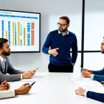 A diverse team of professional animation studio employees in modest business casual attire, collaboratively discussing project timelines and capacity assessment in a modern, well-lit studio conference room. They are gathered around a sleek table, with one team member pointing at a large wall-mounted screen displaying complex animation schedules and resource allocation charts. The atmosphere is focused and collaborative, emphasizing strategic planning and efficient workflow management. This image is fully clothed, appropriate attire, safe for work, professional, perfect anatomy, correct proportions, natural pose, well-formed hands, proper finger count, natural body proportions, appropriate content.