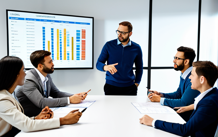 A diverse team of professional animation studio employees in modest business casual attire, collaboratively discussing project timelines and capacity assessment in a modern, well-lit studio conference room. They are gathered around a sleek table, with one team member pointing at a large wall-mounted screen displaying complex animation schedules and resource allocation charts. The atmosphere is focused and collaborative, emphasizing strategic planning and efficient workflow management. This image is fully clothed, appropriate attire, safe for work, professional, perfect anatomy, correct proportions, natural pose, well-formed hands, proper finger count, natural body proportions, appropriate content.