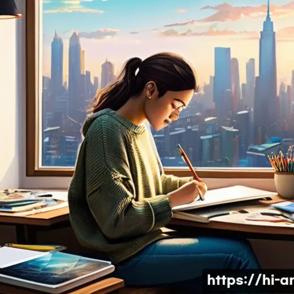 애니메이션 기획사에서의 직급별 역할 - **Prompt:** "A vibrant and imaginative concept artist, wearing comfortable casual clothes, sits at a...
