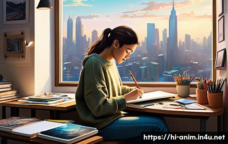 애니메이션 기획사에서의 직급별 역할 - **Prompt:** "A vibrant and imaginative concept artist, wearing comfortable casual clothes, sits at a...