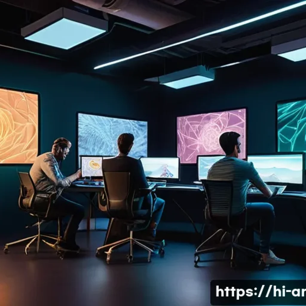 애니메이션 기획사에서 배울 수 있는 경영 노하우 - **Prompt:** A vibrant, futuristic animation studio teeming with creative energy. Diverse animators, ...
