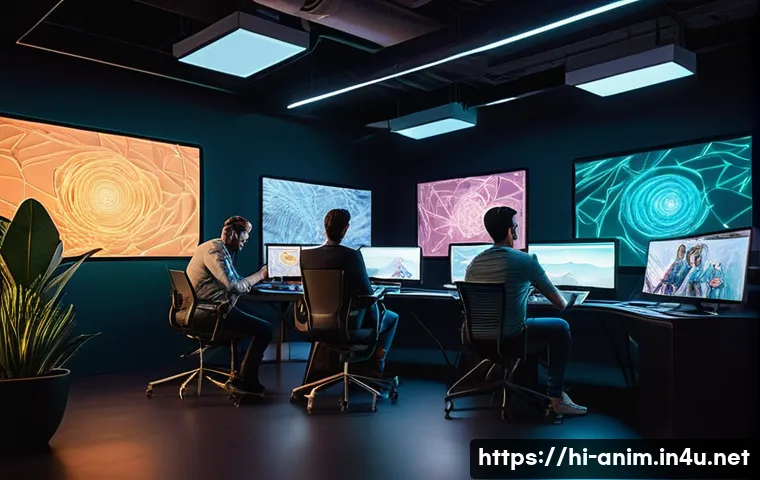 애니메이션 기획사에서 배울 수 있는 경영 노하우 - **Prompt:** A vibrant, futuristic animation studio teeming with creative energy. Diverse animators, ...