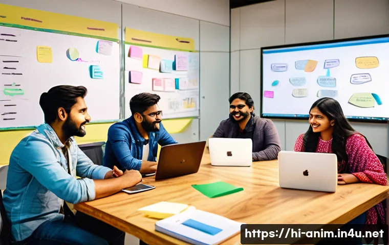 애니메이션 기획사의 도전적 프로젝트 경험 - A vibrant animation studio scene showing a diverse Indian team engaged in an open brainstorming sess...