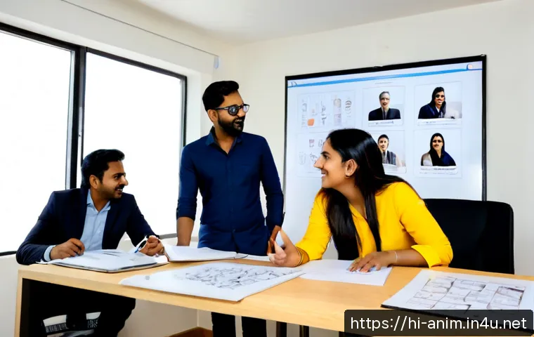 Home 17 애니메이션 기획사에서의 커뮤니케이션 스킬 - Photorealistic animation studio planning meeting in India, diverse Hindi-speaking creative team gath...